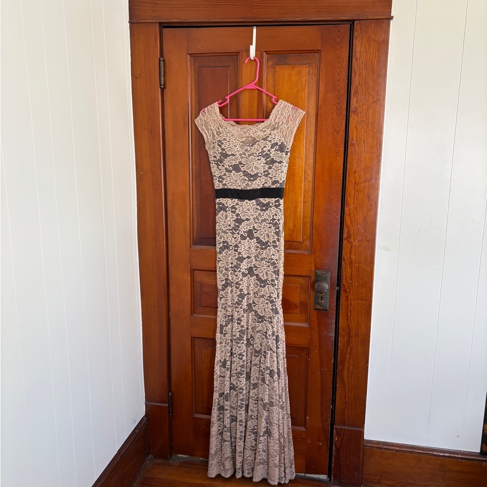 Windsor Beige Lace Maxi Dress with Black Waistband